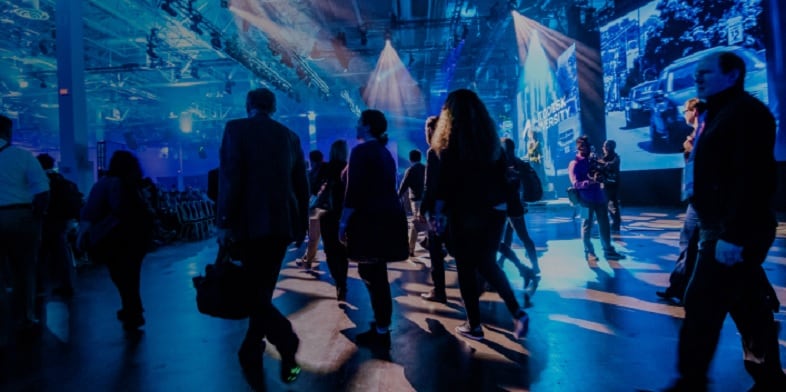 Attendees enter the Autodesk University conference hall.