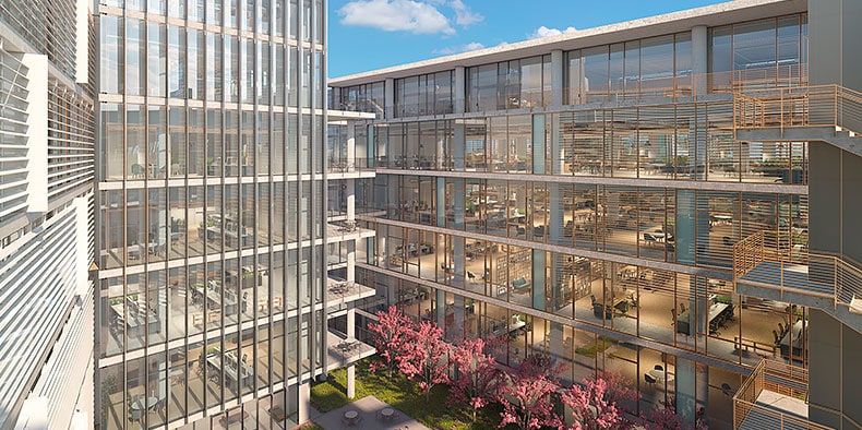 A rendered design of a courtyard with trees surrounded by two large multistoried glass buildings